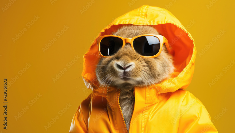 Comical image of a rabbit in an orange raincoat and sunglasses against a matching yellow background.