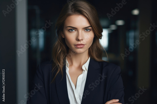Confident female professional in a navy blazer with a piercing gaze, embodying determination and corporate elegance. © Sascha