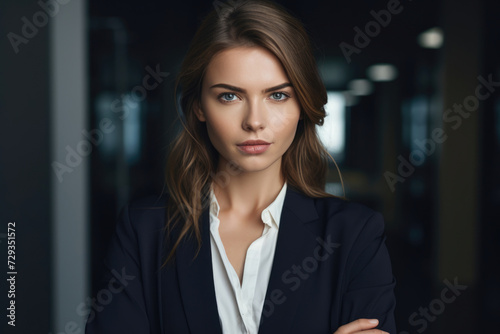 Confident female professional in a navy blazer with a piercing gaze, embodying determination and corporate elegance.