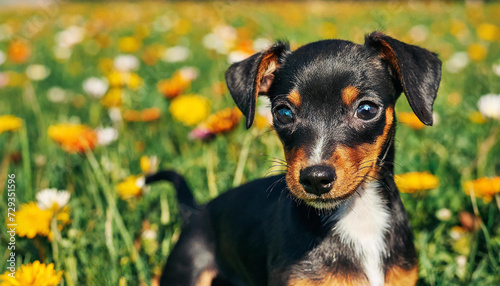 Cute puppy of miniature pinscher with white spot in the meadow with flowers. White accent: Beauty in uniqueness photo