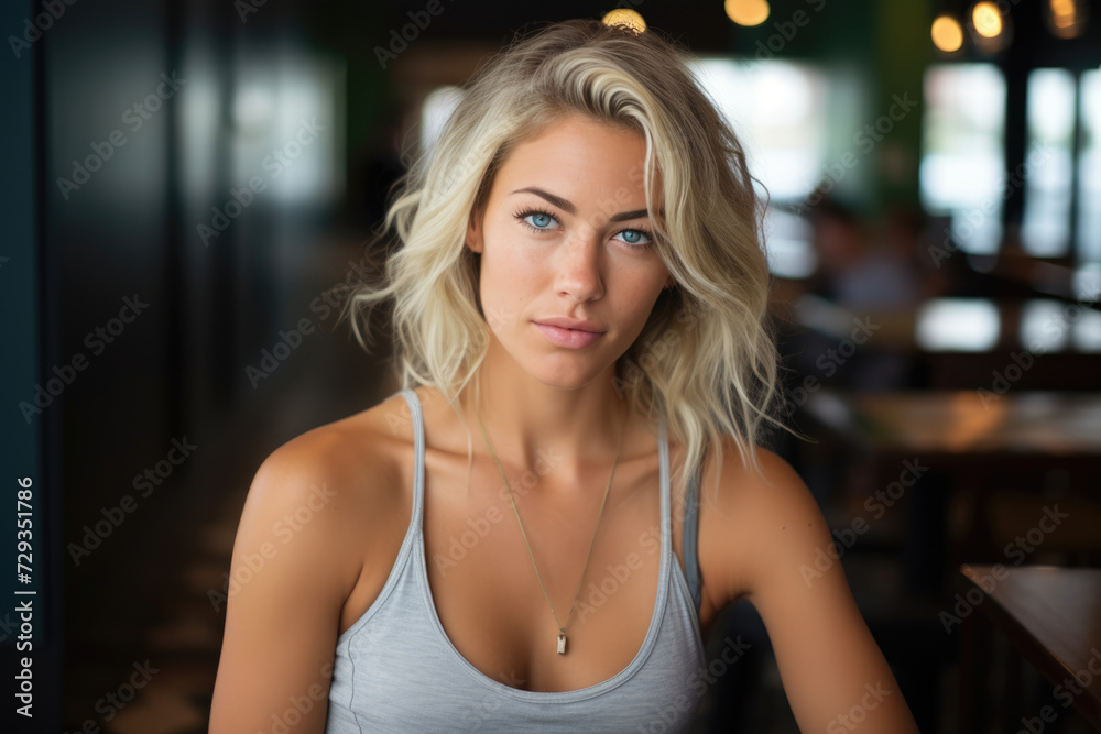 A confident blonde woman with striking blue eyes and tousled blonde hair in a casual gray tank top, set against a dimly lit café backdrop.