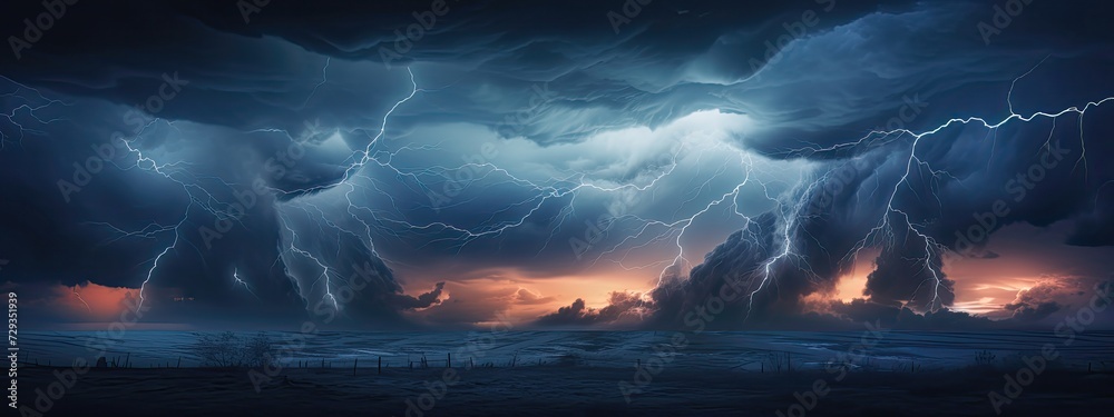 A dramatic stormy sky, with dark clouds swirling and lightning striking in the distance, creating a sense of danger and excitement