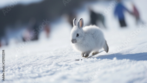 Snowy Sprint: An Arctic Hare Dashing Through a Ski Resort photo