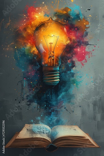 Open Book and Floating Lightbulb with colorful splashes intellectual intelligence innovation concept idea wallpaper. ai generated