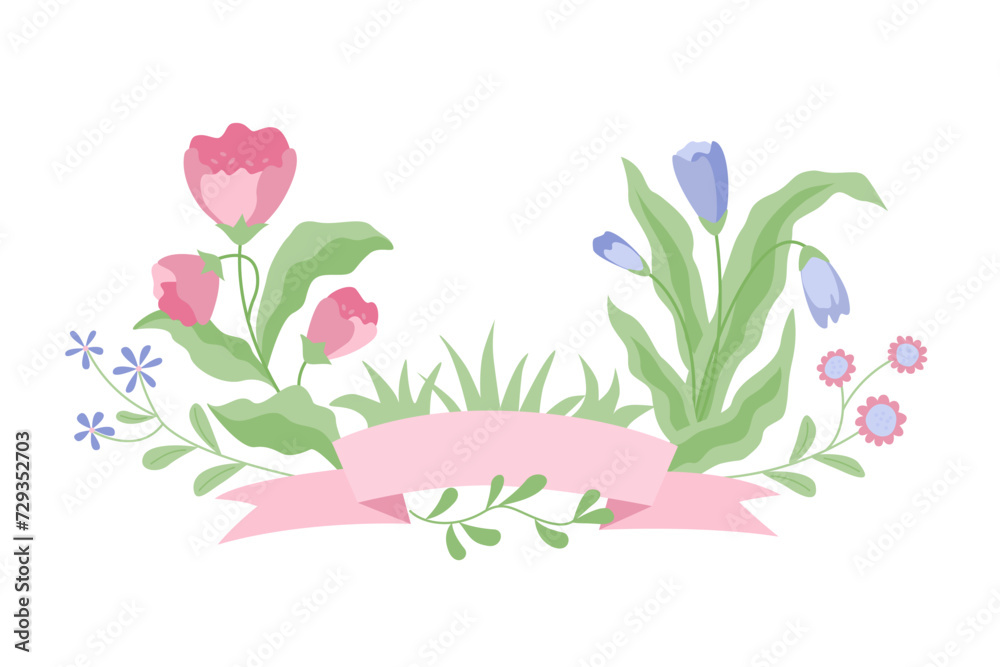 Border of floral design with ribbon. Vector isolated color illustration.