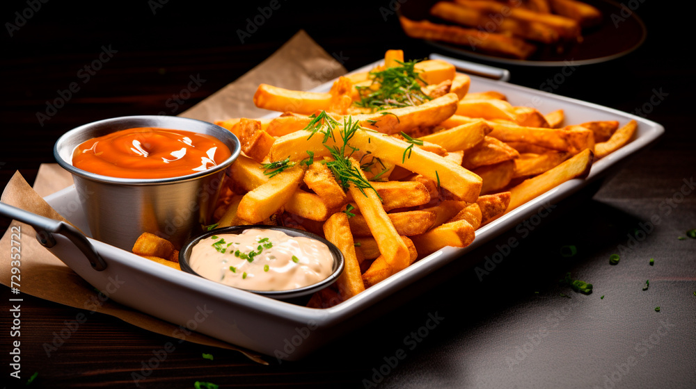 a plate of french fries with a dipping sauce