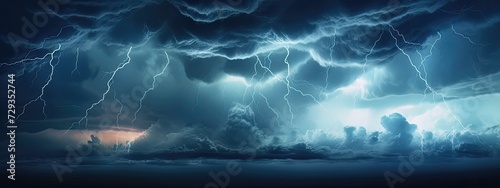 A dramatic stormy sky, with dark clouds swirling and lightning striking in the distance, creating a sense of danger and excitement