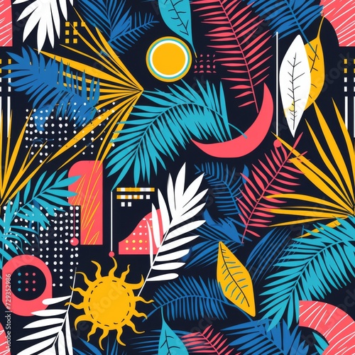 Bold Tropical Pattern with Geometric Shapes. Vibrant tropical leaves with geometric shapes on a dark background.