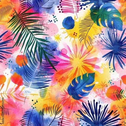 Abstract Tropical Foliage Watercolor Pattern. Abstract watercolor pattern with tropical leaves and splashes of color. © Oksana Smyshliaeva