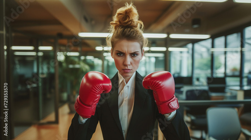 Businesswoman in office wearing red boxing gloves, looking determined © tiagozr