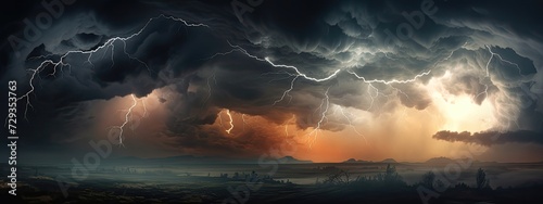 A dramatic stormy sky, with dark clouds swirling and lightning striking in the distance, creating a sense of danger and excitement