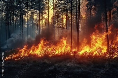 Nature’s Fury Unleashed A Dramatic Nighttime Display of a Wildfire Engulfing a Forest, Illuminating the Darkness with Flames and Smoke © photobuay