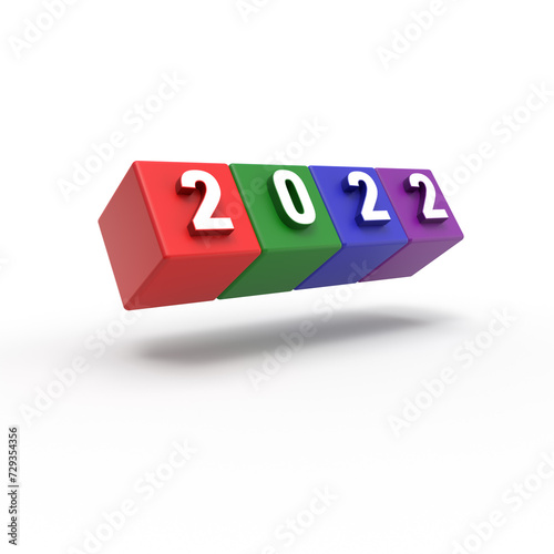 3d illustration 2022 and colored cubes. 3d render 2022 on white background