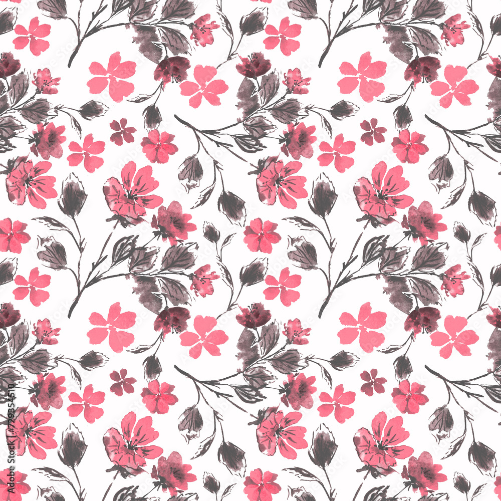Seamless retro floral pattern. Pink flowers with brown leaves on a white background.
