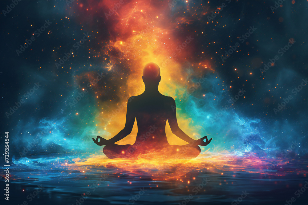 Abstract meditating body silhouette with chakras and energy. Connecting with galaxies and space. Abstract meditating body silhouette with chakras and energy. Connecting with galaxies and space.