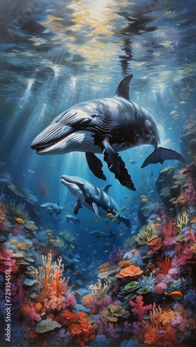 Whale swimming underwater in the ocean. Underwater world. 3d illustration