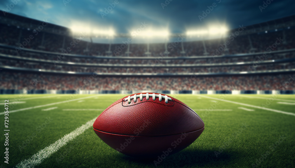 Close-up of a football lying on the playing field in a large stadium or football arena. Arena stands with spectators and spotlights in background. Copy space for message. Promotion for football event. Close-up of a football lying on the playing field in a large stadium or football arena. Arena stands with spectators and spotlights in background. Copy space for message. Promotion for football event.