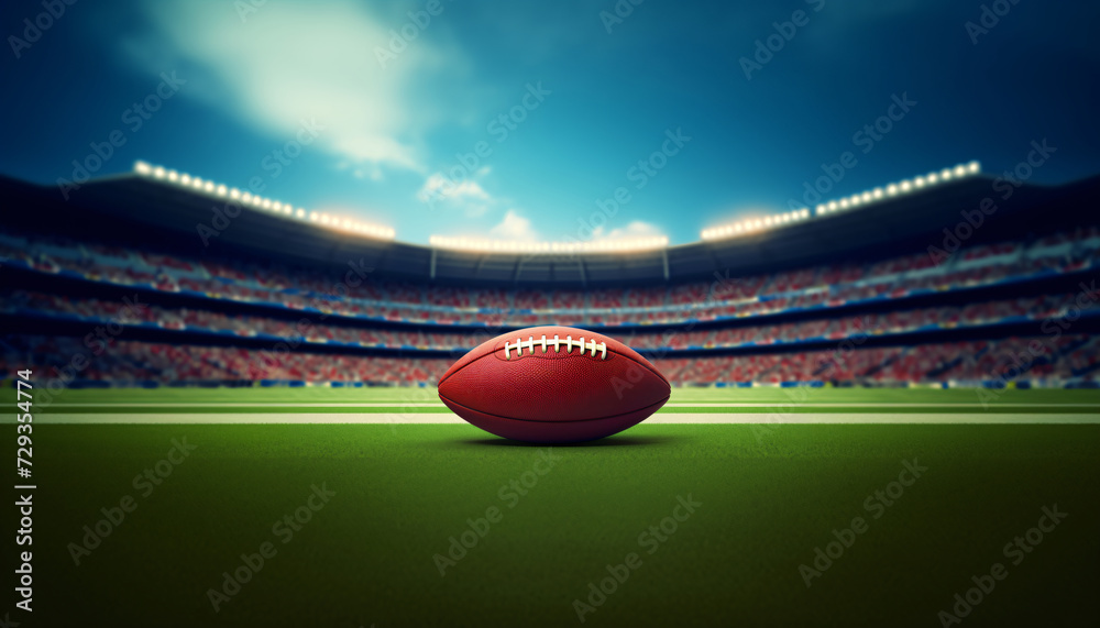 Close-up of a football lying on the playing field in a large stadium or football arena. Arena stands with spectators and spotlights in background. Copy space for message. Promotion for football event. Close-up of a football lying on the playing field in a large stadium or football arena. Arena stands with spectators and spotlights in background. Copy space for message. Promotion for football event.