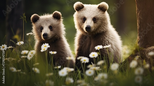 Bear and bear cubs in the summer forest on the bog among white flowers. Natural Habitat. Brown bear, Summer season