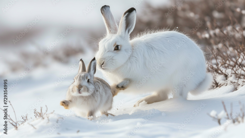 Winter Wonderland: An Arctic Hare Cub and its Mother in the Snow Winter Wonderland: An Arctic Hare Cub and its Mother in the Snow