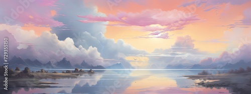 A dreamy pastel sky, with soft pink and purple clouds floating above a tranquil landscape, evoking a sense of calm and tranquility