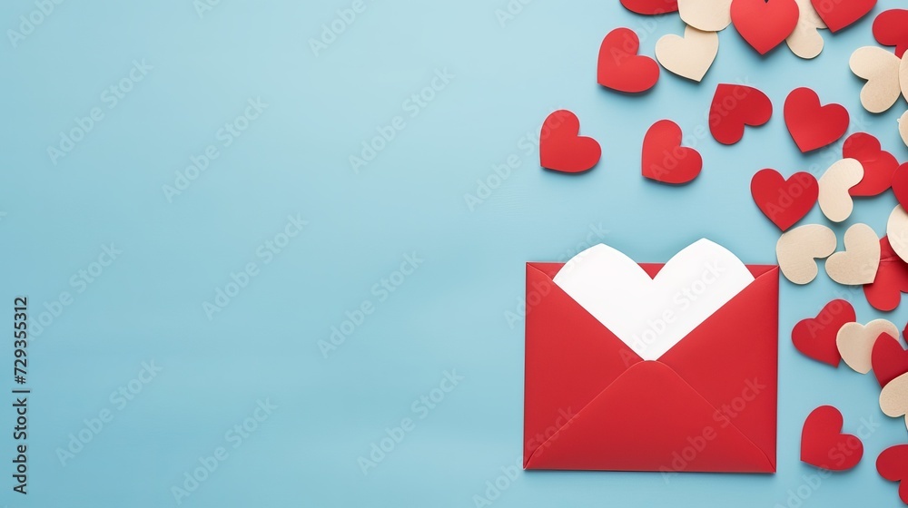 Beautiful present and red paper envelope and Valentines hearts on blue background. Flat lay, top view. Romantic love letter for Valentine's day concept