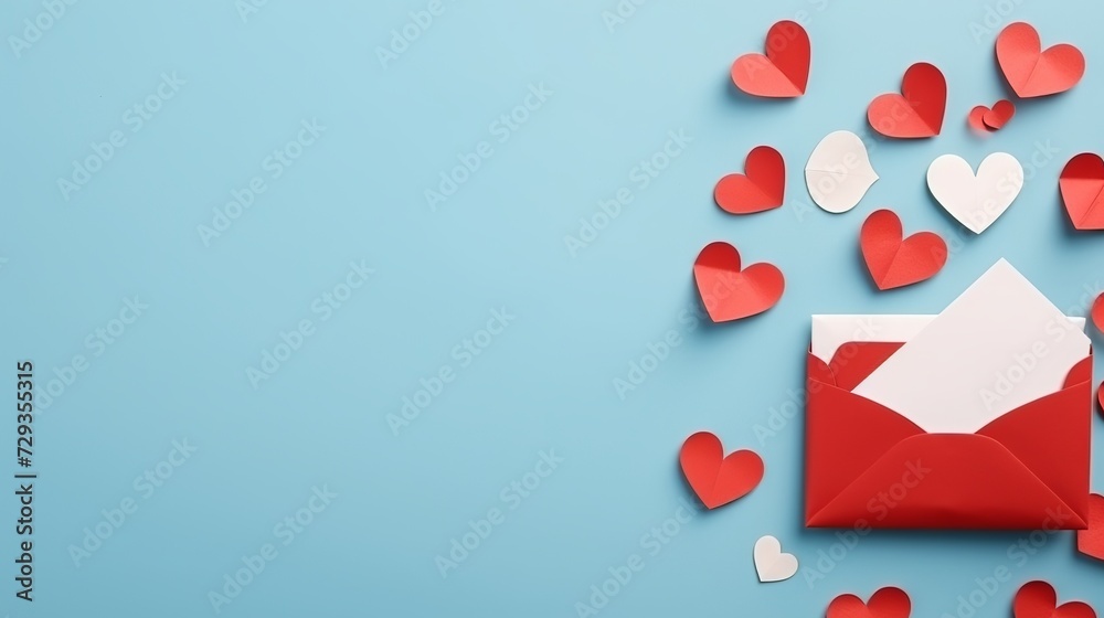 Beautiful present and red paper envelope and Valentines hearts on blue background. Flat lay, top view. Romantic love letter for Valentine's day concept Beautiful present and red paper envelope and Valentines hearts on blue background. Flat lay, top view. Romantic love letter for Valentine's day concept