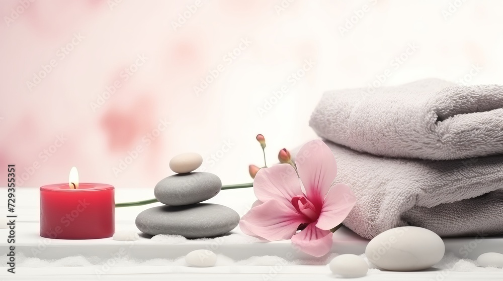 Beautiful spa composition for Valentine's Day with flowers, towel, hearts and stones on light background Beautiful spa composition for Valentine's Day with flowers, towel, hearts and stones on light background
