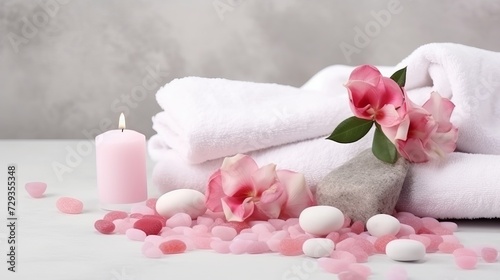 Beautiful spa composition for Valentine s Day with flowers  towel  hearts and stones on light background