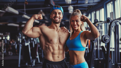 Homem e mulher musculosos posando para uma foto na academia photo
