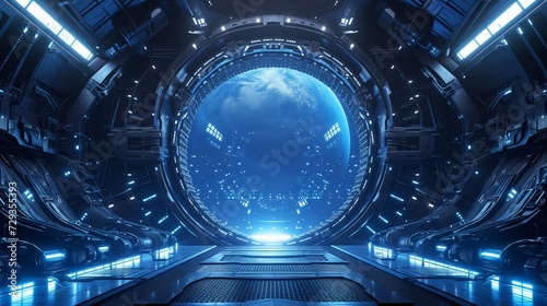 Fototapeta Naklejka Na Ścianę i Meble -  Spaceship interior with view on space and distant planets. Dark blue spaceship futuristic interior with window.