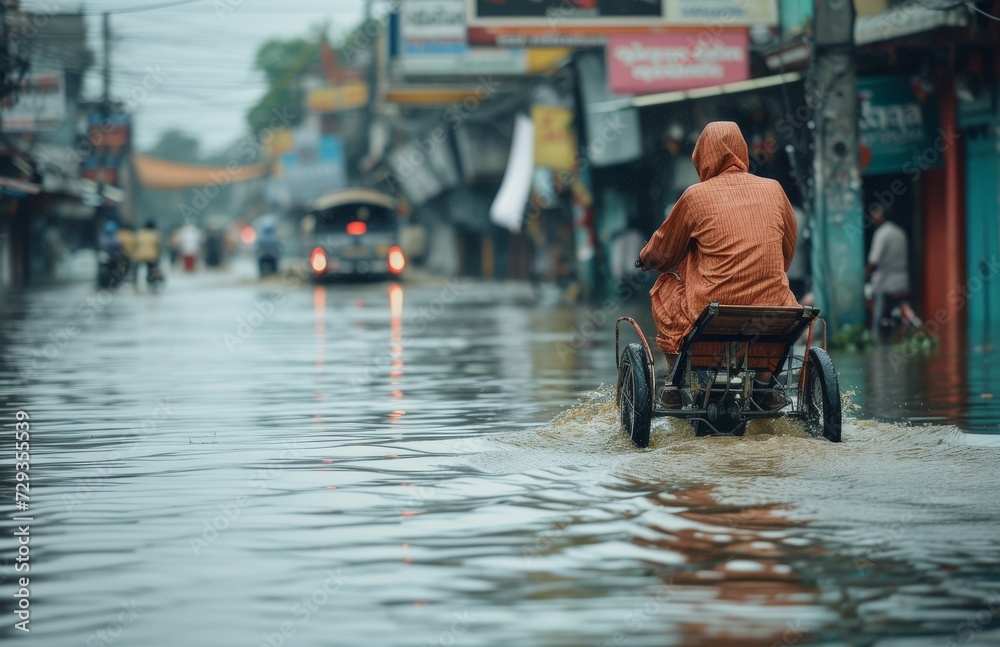 Braving the storm, a man on his tricycle navigates the flooded city streets, his wet clothes clinging to his determined figure as he passes by buildings and wheels through the water