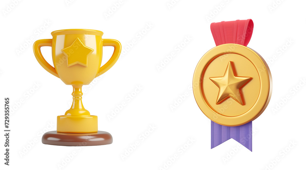 Winining Set Winning Set of Gold Medal and Award Trophy in a Simple Cartoon 3D ...
