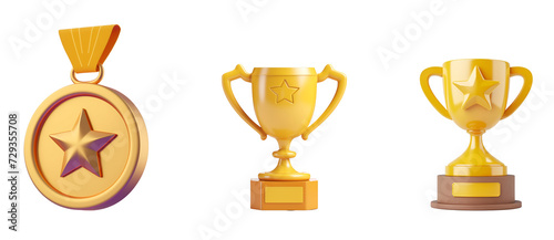 Gold Medal and Award Trophy: Winning Set in a Simple Cartoon 3D Illustration Render, Isolated on Transparent Background, PNG