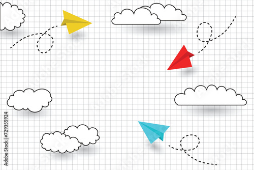 The background is a school notebook with a checkered pattern, paper airplanes of yellow, red and blue colors are flying over the paper among the clouds. The illustration imitates 3D.