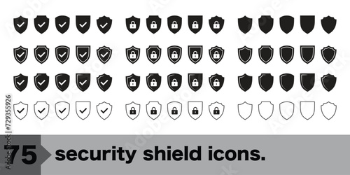 A set of safety icons in the form of different types of shields, with locks and ticks.