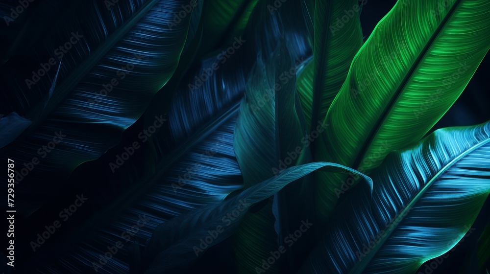 Close-up detail macro texture bright blue green leave tropical forest plant spathiphyllum cannifolium in dark nature background.Curve leaf floral botanical abstract desktop - obrazy, fototapety, plakaty 