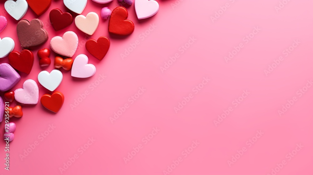 Colorful Valentines Day heart shaped candy border on red paper background