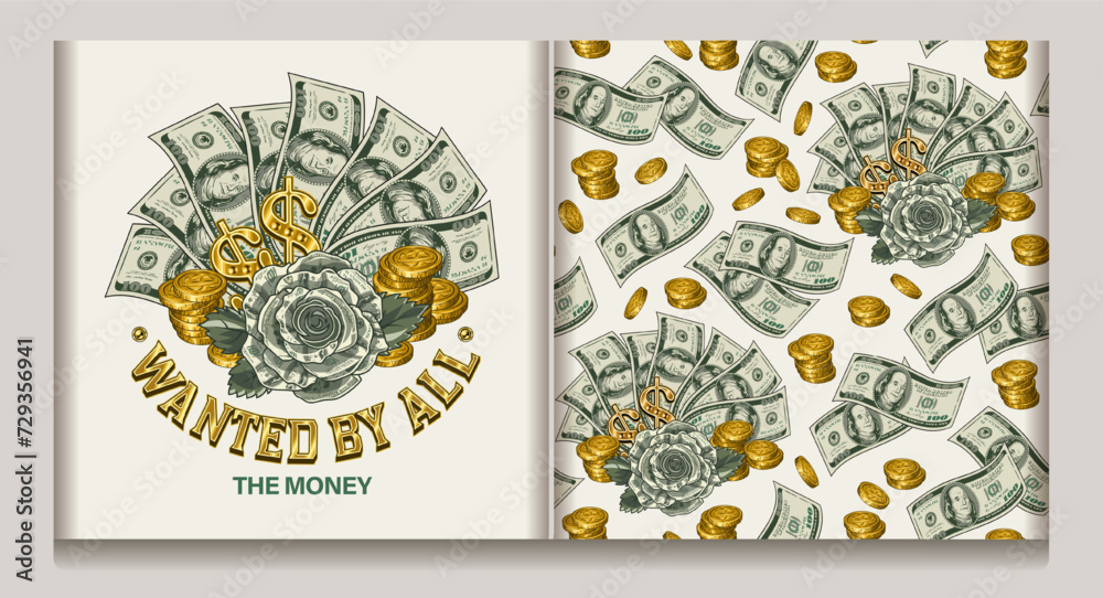 Fototapeta premium Money pattern, logo with 100 US dollar notes, dollar fan with money rose, stacks of coins, text Wanted by all. Concept of success, wealth, luck, win. Vintage style. Not AI