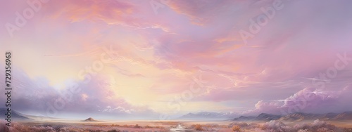 A dreamy pastel sky  with soft pink and purple clouds floating above a tranquil landscape  evoking a sense of calm and tranquility