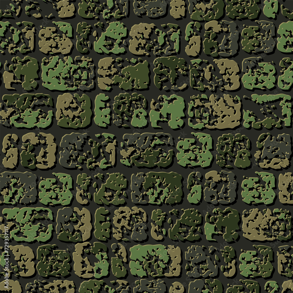 Seamless khaki green camouflage brick stone wall pattern with cracked destroyed old stones. Geometric background for fabric, textile. Grunge style. Not AI