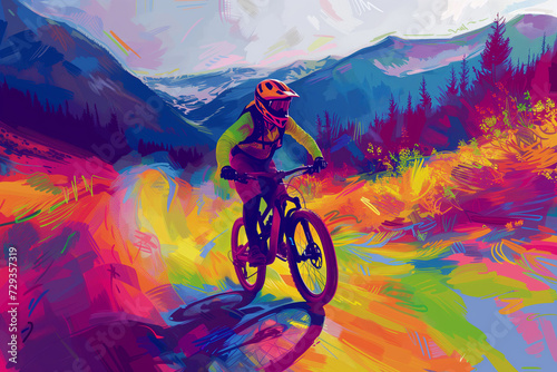 person riding a mountain bicycle, colorful painting
