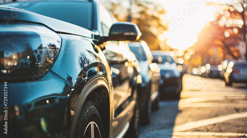 Car parked at outdoor parking lot. Used car for sale and rental service. Car insurance background. Automobile parking area. Car dealership and dealer agent concept. Automotive industry. photo