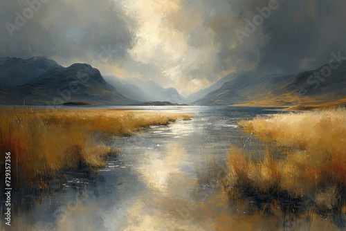 an impressionist style watercolour illustration of the iconic Scottish Highlands landscape © miketea88