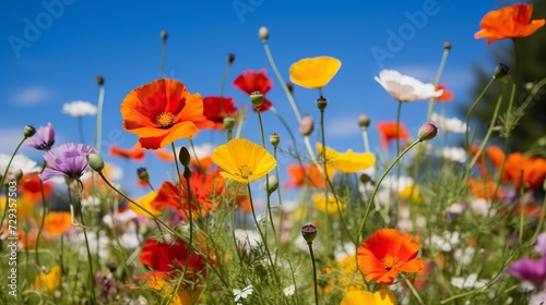 Colourful wildflowers blooming outside Savill Garden, Egham, Surrey, UK, photographed against a clear blue sky © Tahir