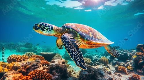 Colorful wide blue coral reef underwater world background with tropical fish and turtle. Wonderful indian ocean at Maldives diving travel tourism and snorkeling concept