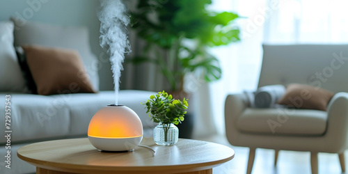 Humidifier on the table at home and spreading steam into the living room. Portable humidifier for clean air purification electric aroma diffuser. photo