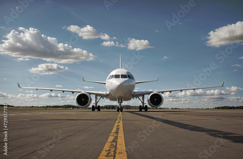 A frontal view of a jet plane on blue sky with a taxiway in the foreground. An eye-level perspective capturing the scene from end to end © nasir1164