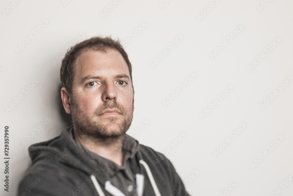 Studio portrait of a man wearing sweat shirt. Munich, Germany Studio portrait of a man wearing sweat shirt. Munich, Germany