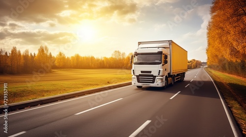 Convoy of white Trucks with containers on highway, cargo transportation concept in springtime - freight service